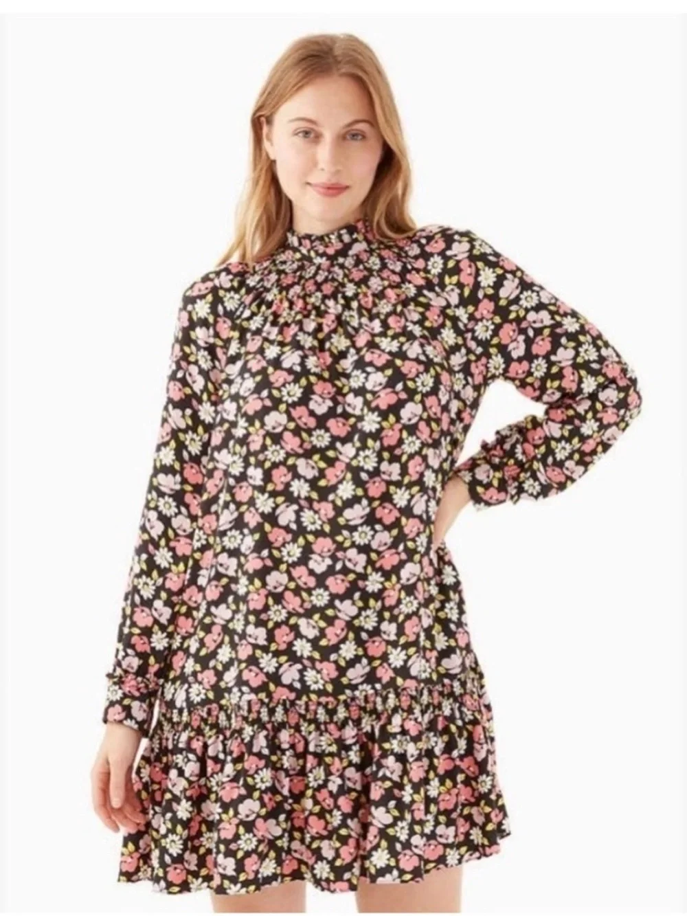kate spade Black Floral Smocked Neck Dress with Pink & White Flowers